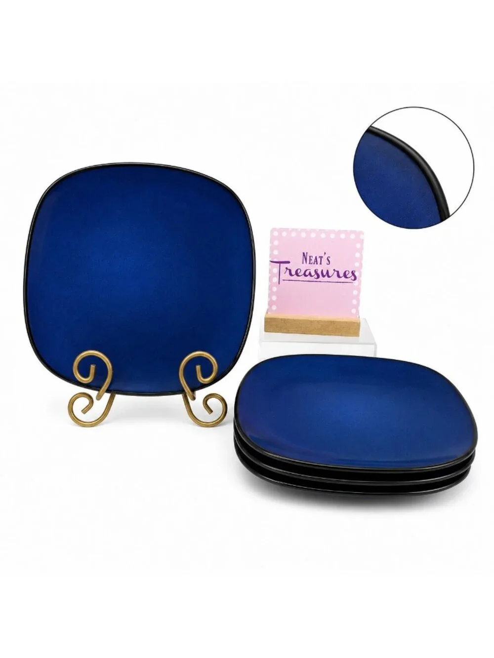 Gibson SOHO LOUNGE Solid Blue Black Edge Square Stoneware Lunch Plates Set of 4